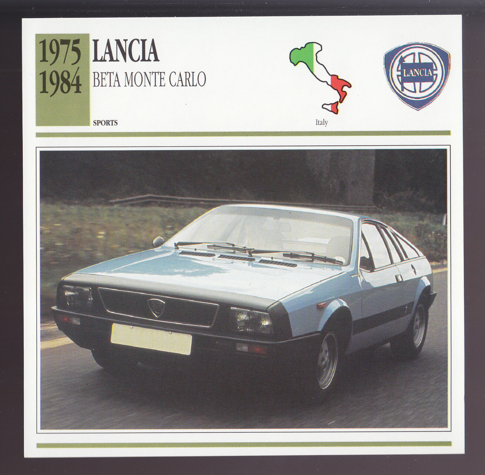 1975-1984 Lancia Beta Monte Carlo Pininfarina Car Photo Spec Sheet Info CARD