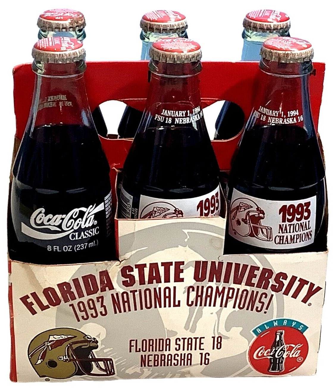 Florida State National Champions 1993 CocaCola Classic Bottles 6 Pack Vintage