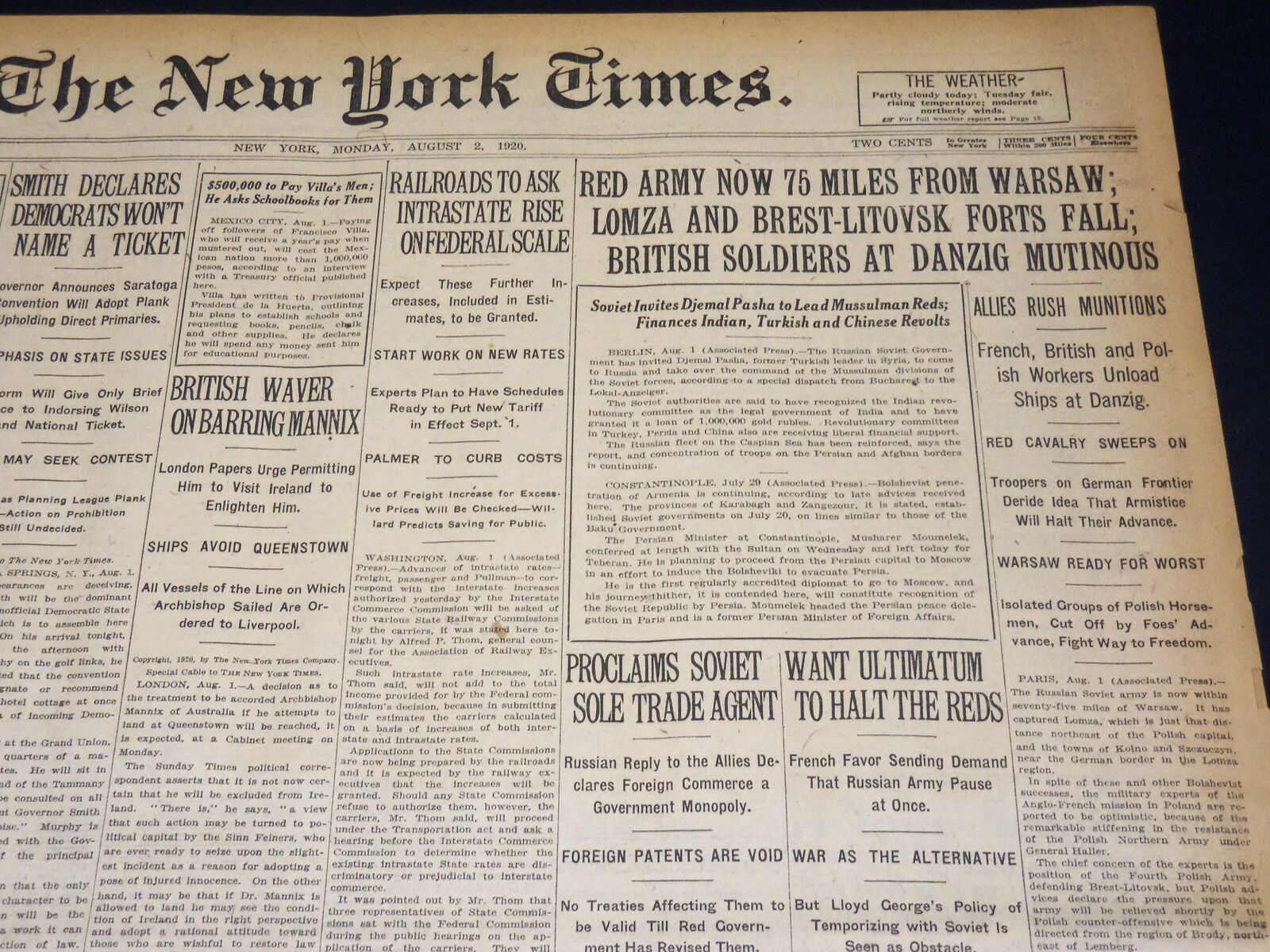 1920 AUGUST 2 NEW YORK TIMES - RED ARMY 75 MILES FROM WARSAW - NT 8547
