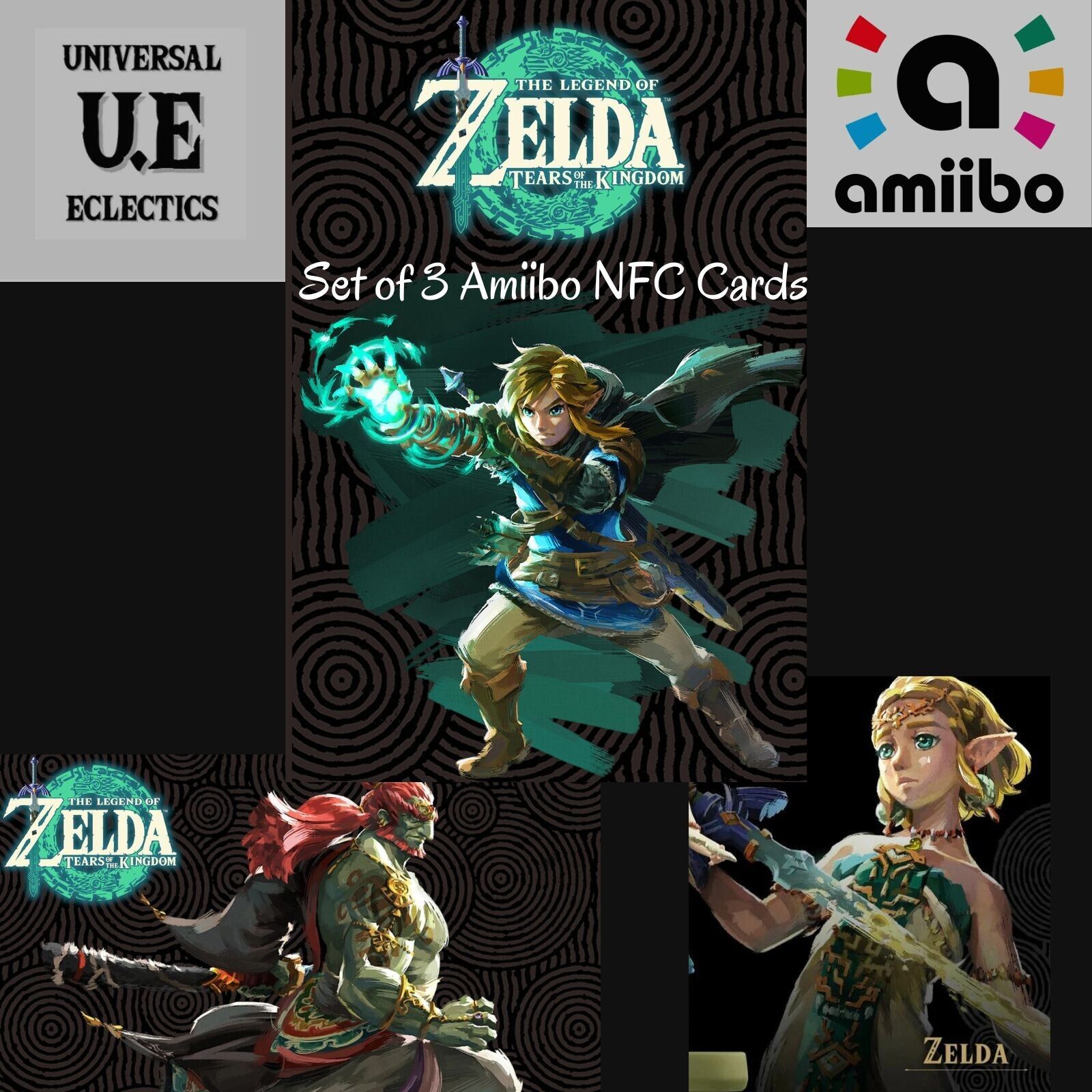 Link + Zelda + Ganon Amiibo NFC Cards (3 PK) Legend of Zelda Tears Kingdom TOTK