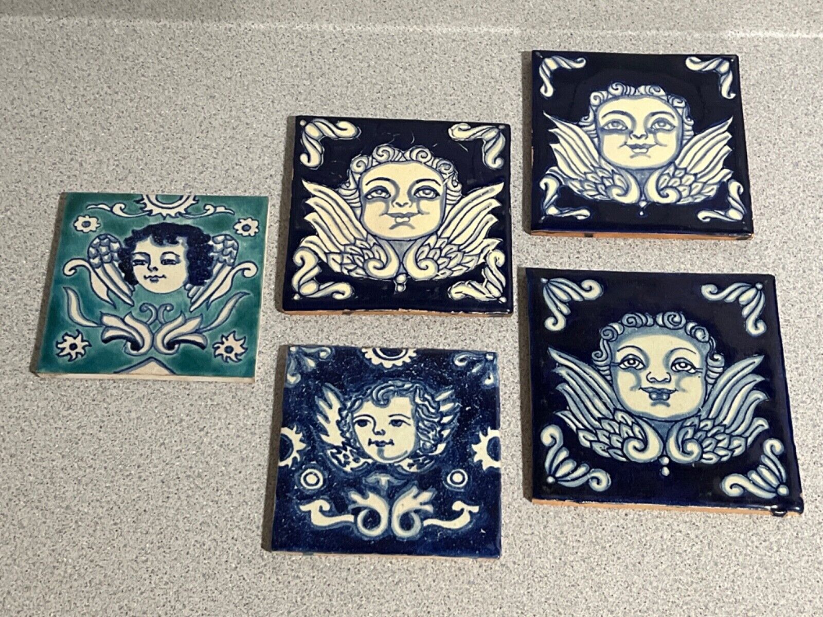 Vintage Portuguese Blue Angel Head Ceramic Tiles