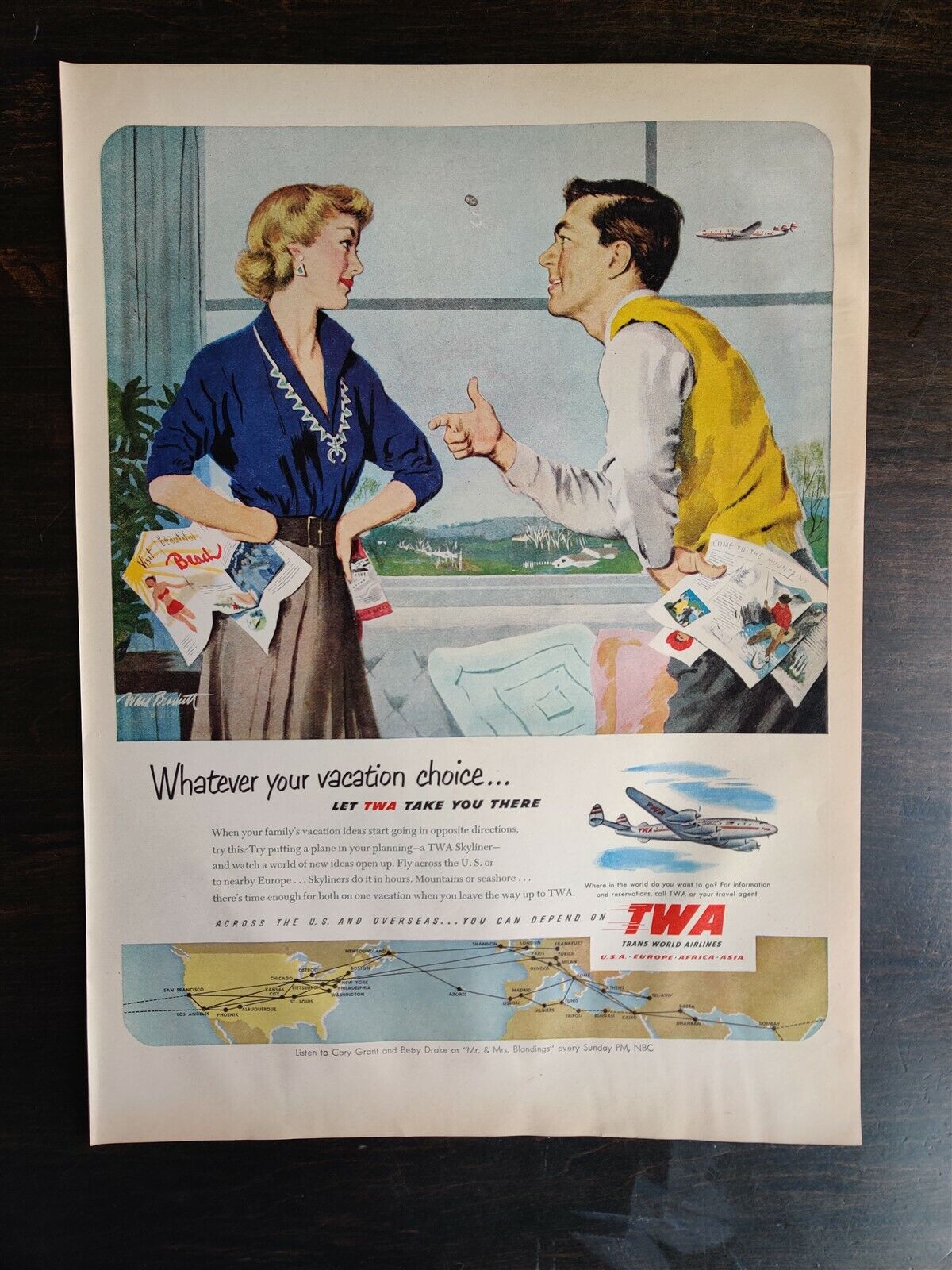Vintage 1951 TWA Airlines Full Page Original Color Ad - OC