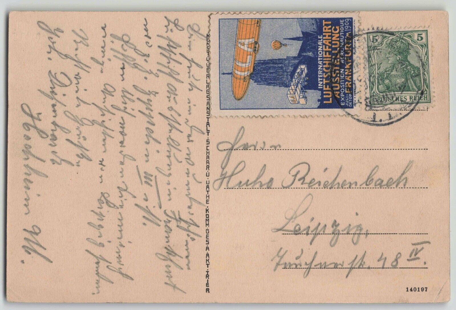 Germany 1909 ILA Luftschiffahrt Frankfurt Pioneer Flight Postcard w/ Vignette 
