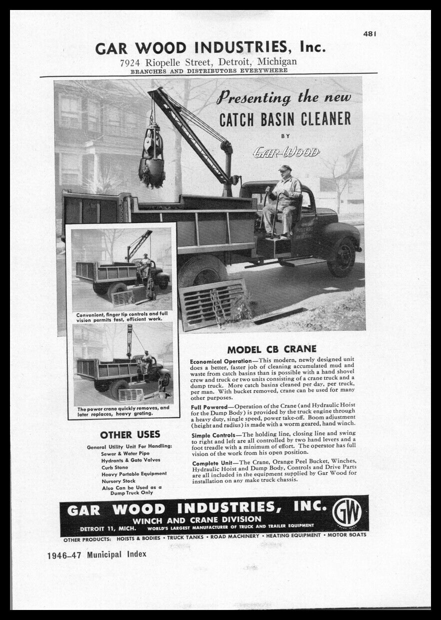 1946 Gar Wood Industries Winch Crane Division Detroit MI Vintage trade print ad