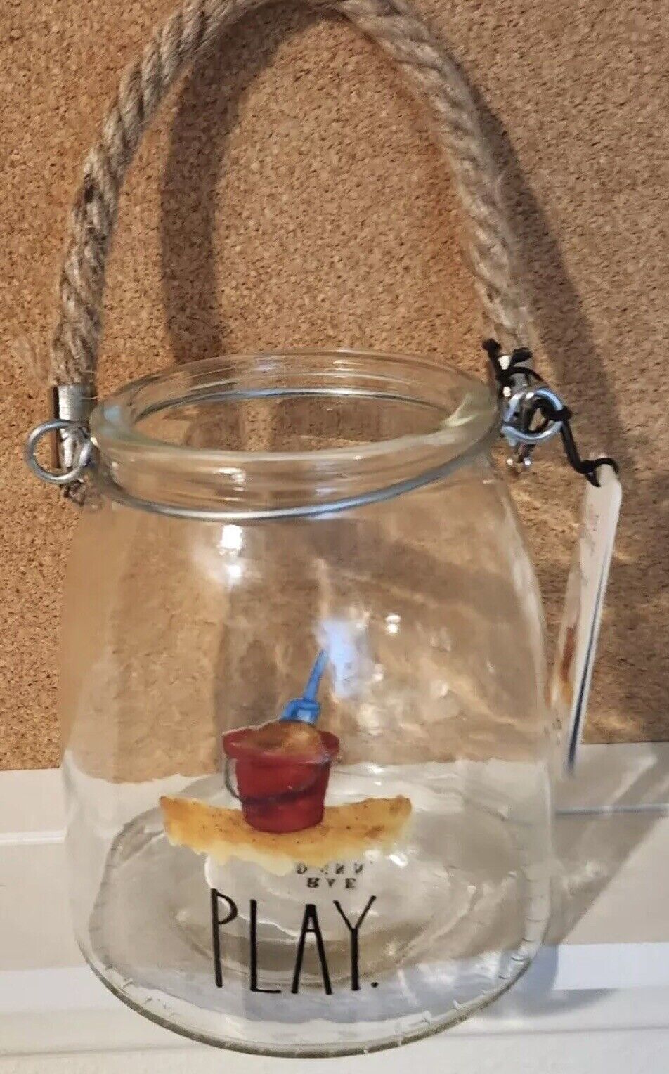 Rae Dunn RARE Glass Hanging Glass Jar Hurricane Candle Holder Sand Bucket Play