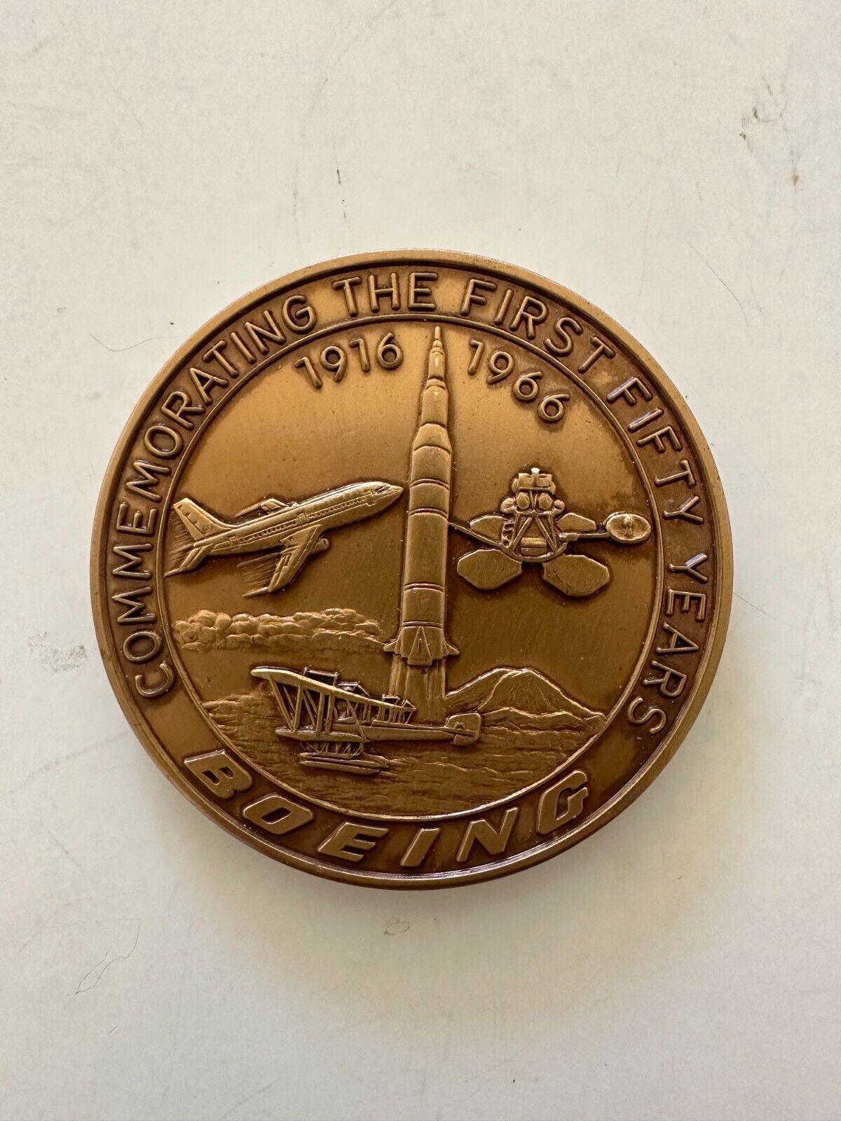 1966 Boeing First 50 Years Commemoration Employees Coin Club Bronze Medallion