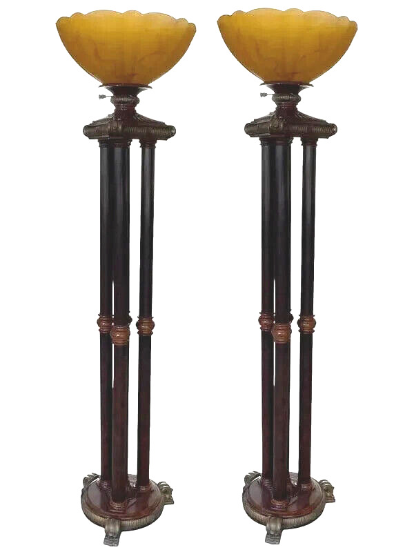 Pair of 1970s Neoclassical Torchiere Tall 70 In Floor Lamps With Shades