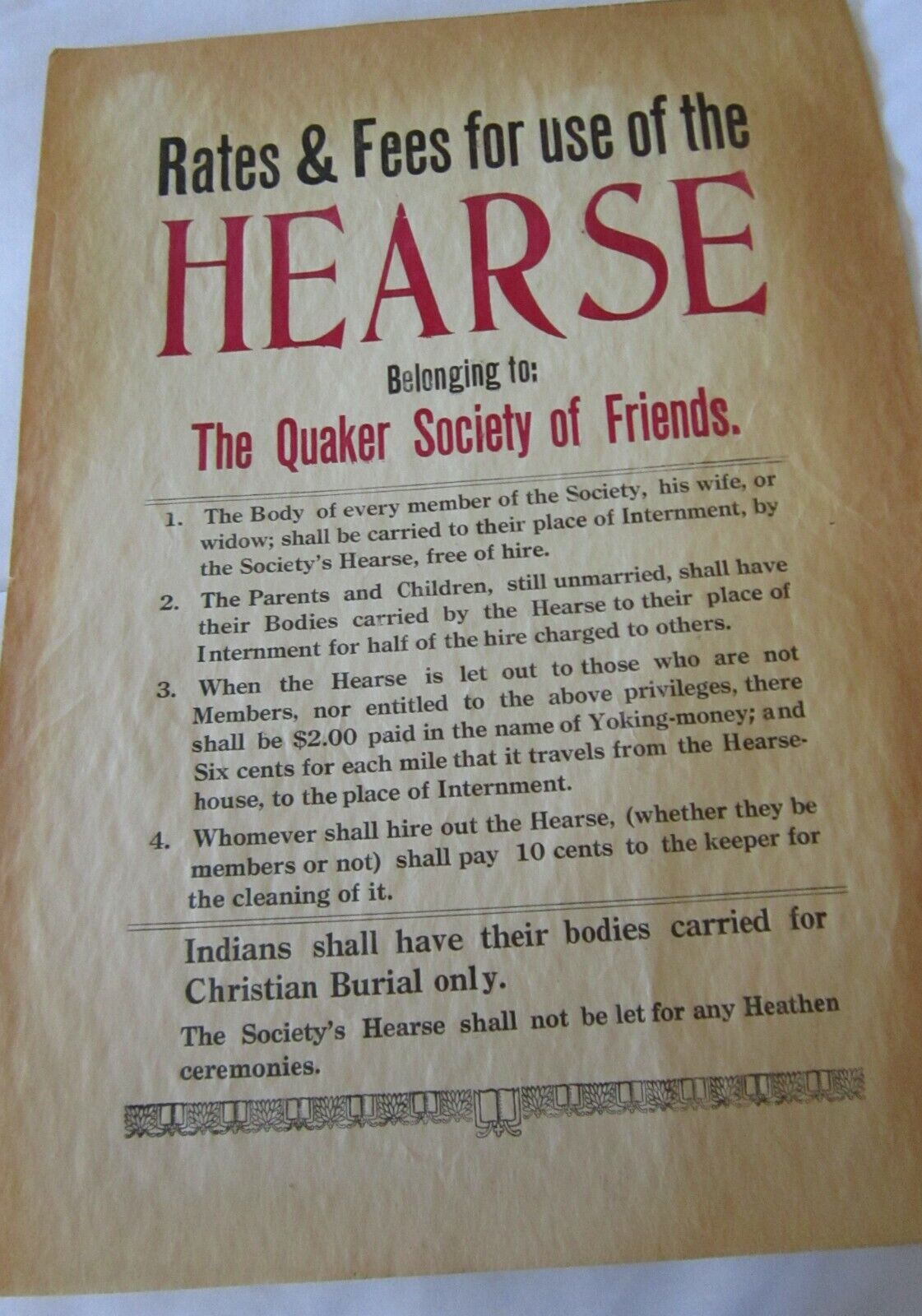 Quaker Society Of Friends Broadside Fees For Use Of Hearse -- No Heathens
