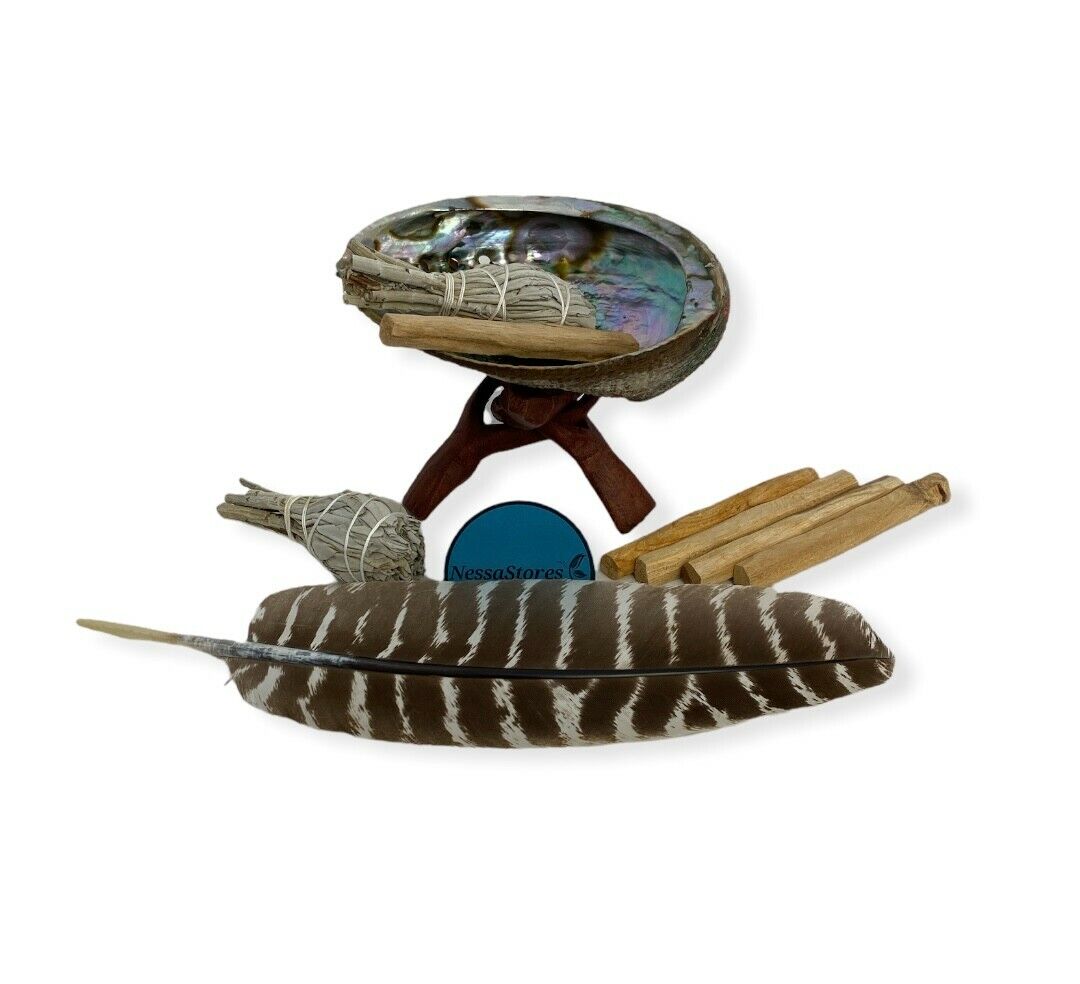Feather Smudge Kit - Shell + Stand + Sage + Palo + Feather (5 Kits) #JC-228