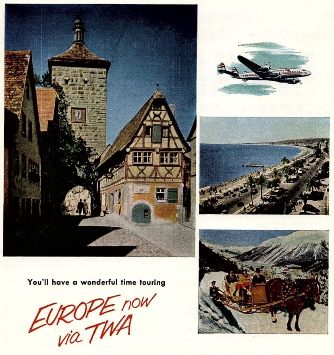 1950s TWA TRANS WORLD AIRLINES TOUR EUROPE NOW VIA TWA MAGAZINE AD 27-34