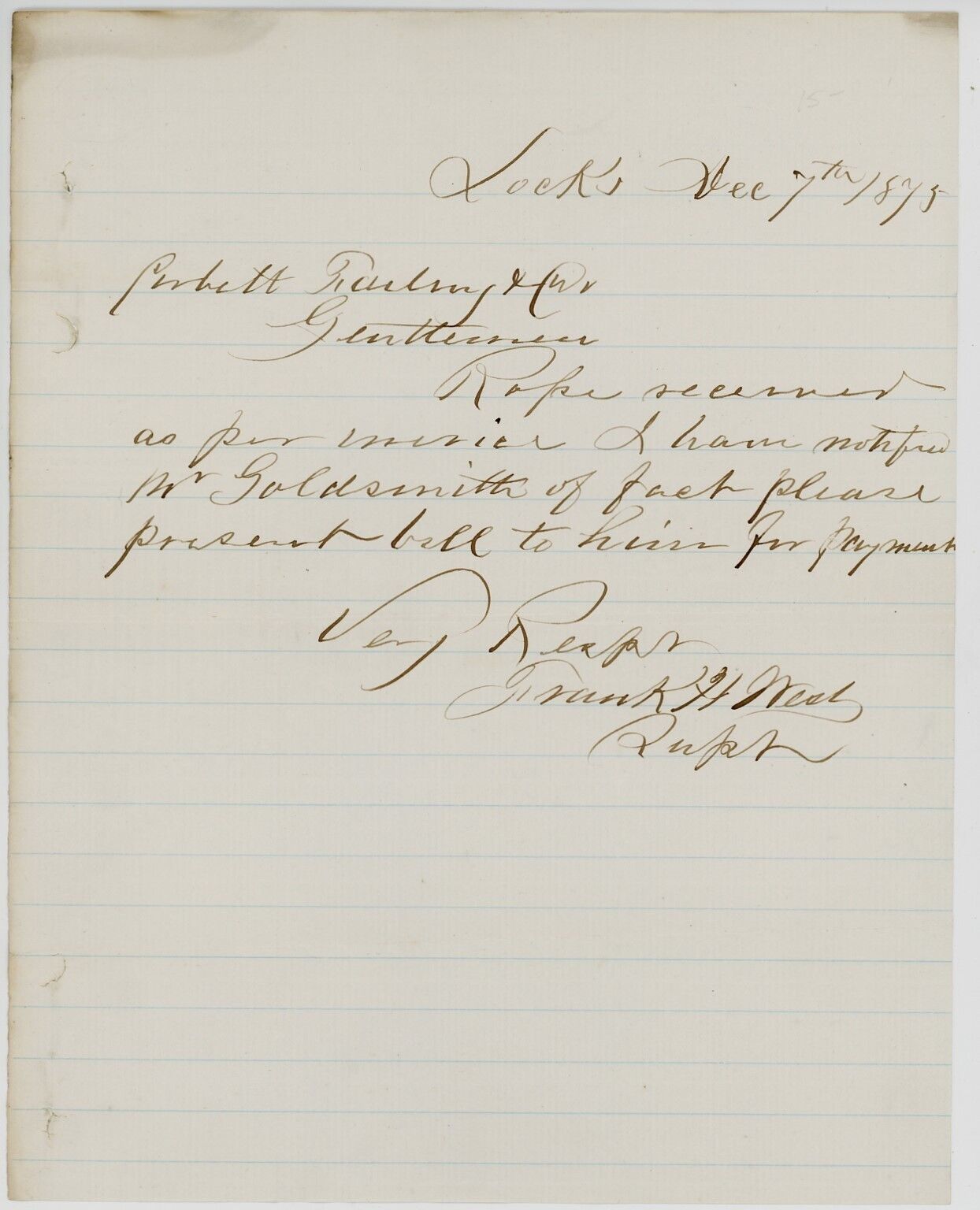 1875 Letter from Oregon City Canal & Locks Company Superintendent Frank West