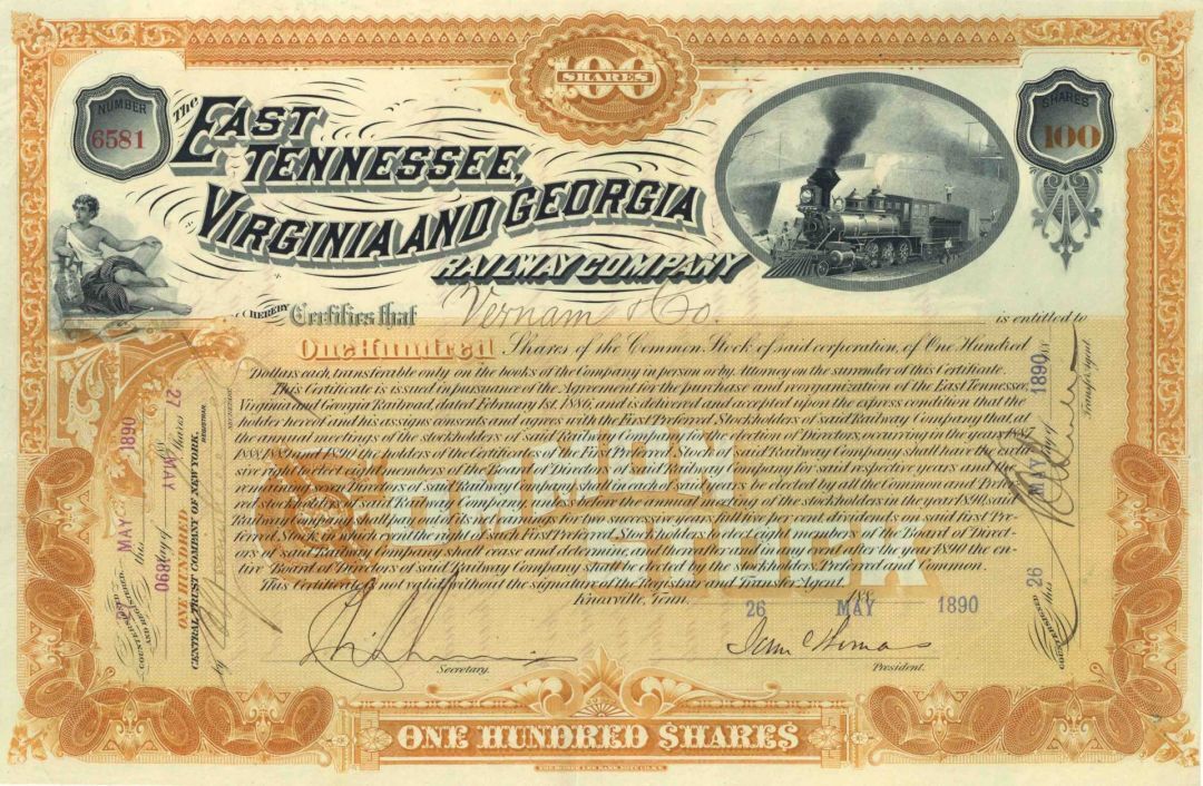 East Tennessee, Virginia and Georgia Railway Co. - Gorgeous Railroad Stock Certi