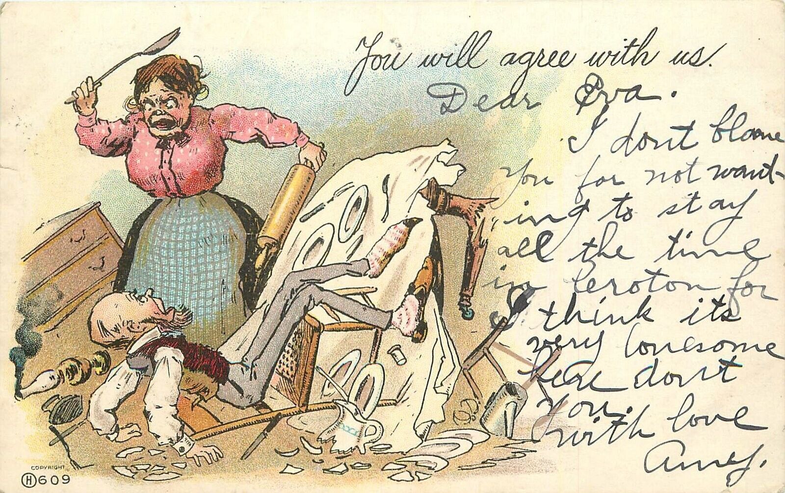 Postcard 1905 Abusive Wife Domestic Flight Comic humor 23-4931