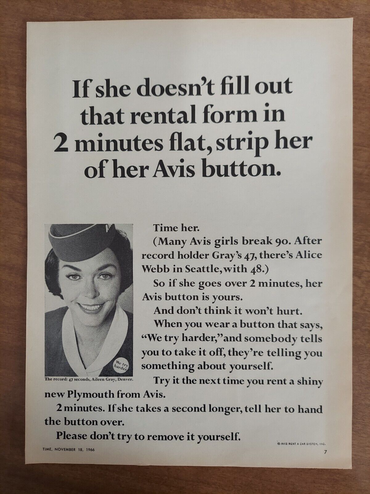Avis Rent A Car System Inc Aileen Gray Plymouth Cars  1966 Vintage Print Ad
