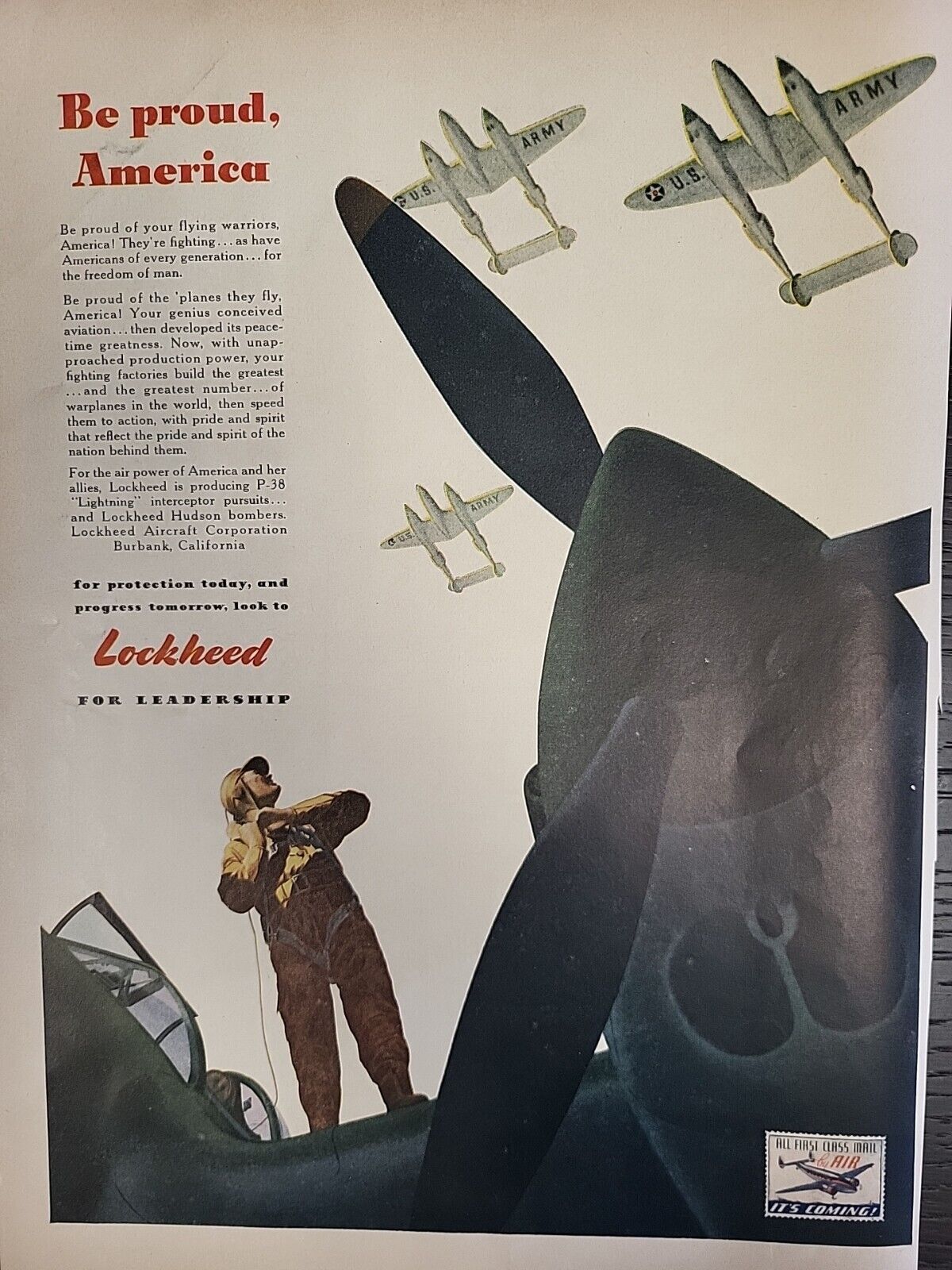 1942 Lockheed Aircraft Print Advertising WW2 Color Life U.S. ARMY Airplanes L42A
