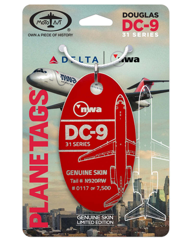 Northwest Airlines Douglas DC-9-30 Tail #N920RW Red Aluminum Plane Skin Bag Tag