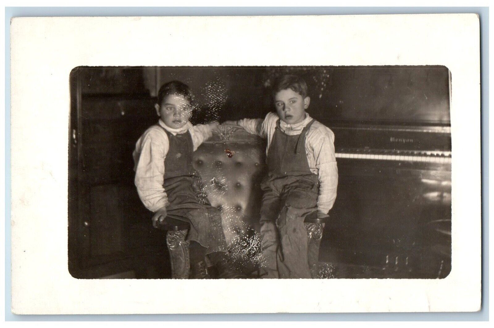 Cute Little Boy Overalls Postcard RPPC Photo Piano Scene c1910s Unposted Antique