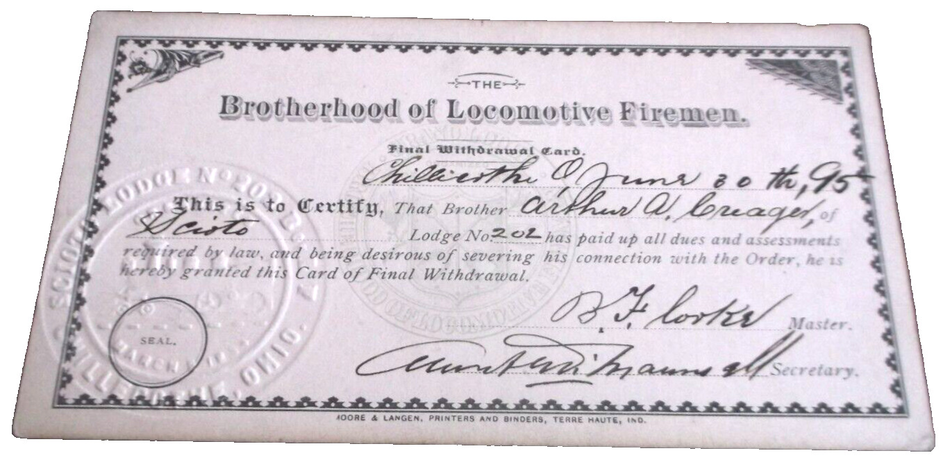 1895 BROTHERHOOD OF LOCOMOTIVE FIREMEN B&OSW CHILLICOTHE OHIO