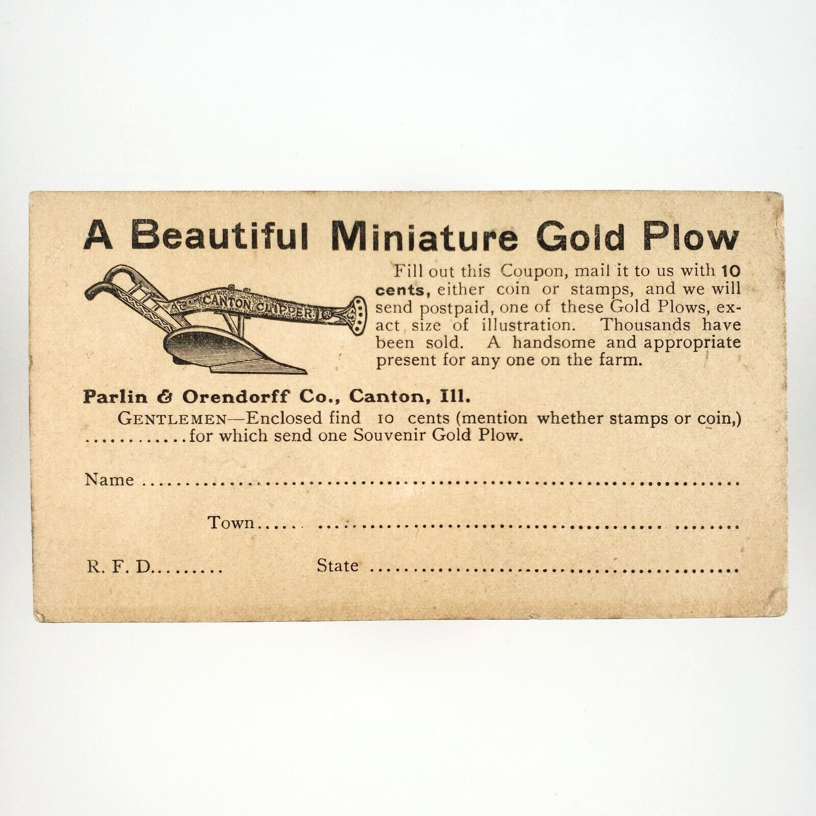 Parlin Orendorff Miniature Gold Plow Coupon c1910 Canton Illinois Card A4092