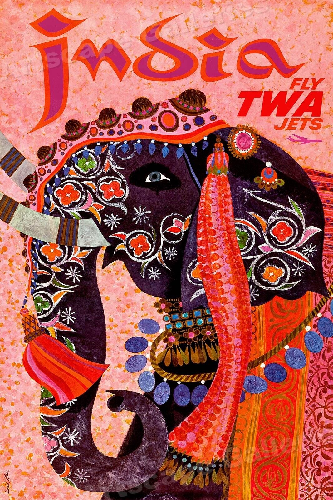 India Elephant 1960s Vintage Style Air Travel Poster - 24x36