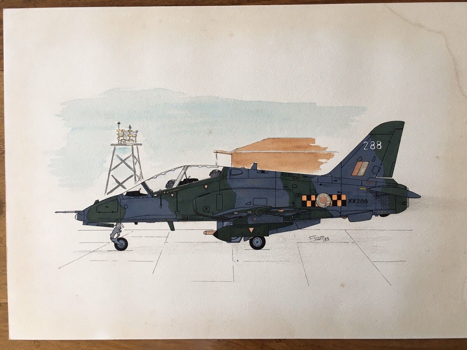 Aviation Art Ink & Watercolour Original BAe Hawk Fighter Jet RAF artist signed .