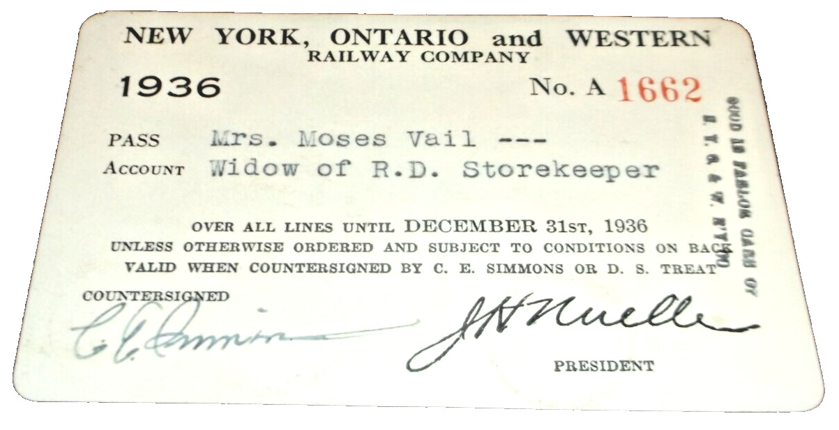1936 NEW YORK ONTARIO & WESTERN NYO&W EMPLOYEE PASS #1662