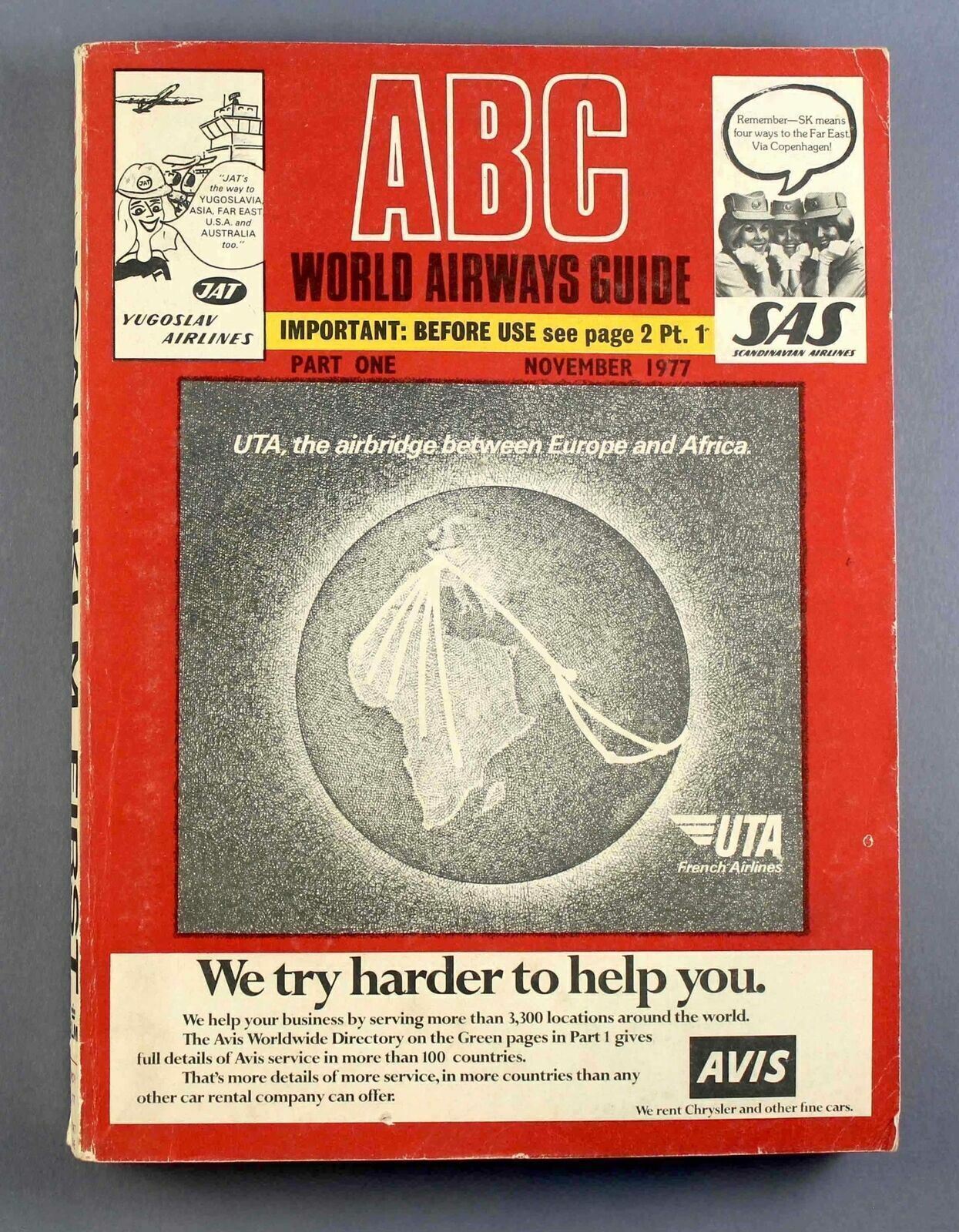 ABC WORLD AIRWAYS GUIDE NOVEMBER 1977 AIRLINE TIMETABLE PART ONE RED BOOK UTA BA