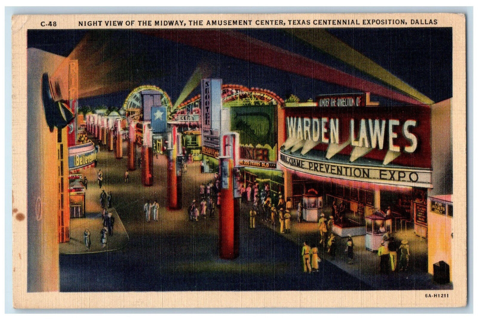1936 Night at Midway, Amusement Center, Texas Centennial Expo Dallas TX Postcard
