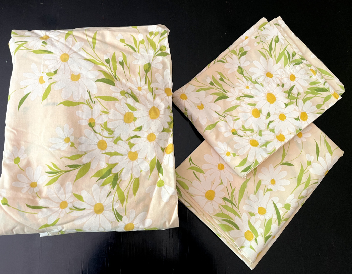 Vtg Morgan Jones Daisy Peach Fitted Flat Sheet 2 Pillowcases TWIN Set