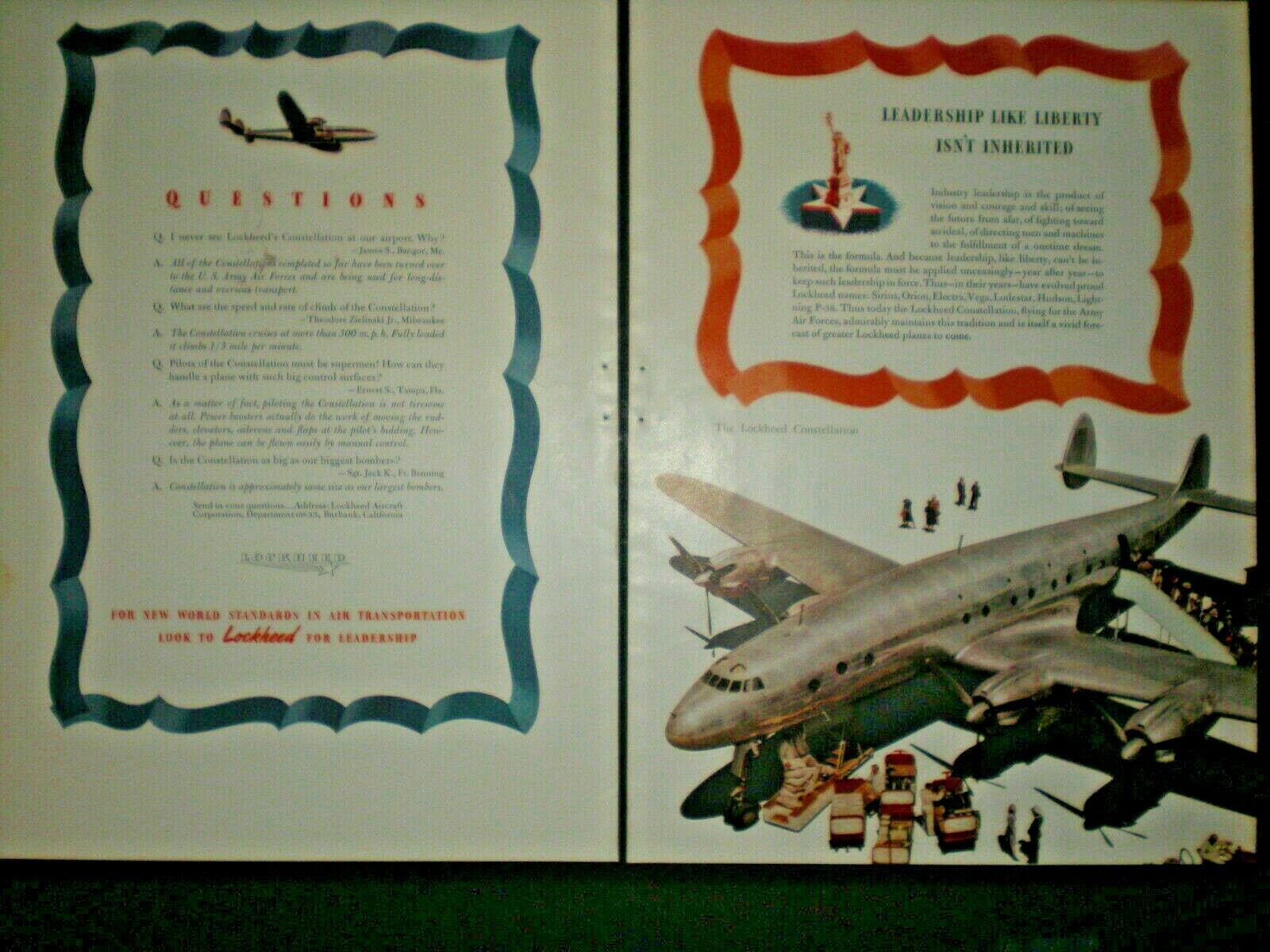 1945 LOCKHEED CONSTELLATION WWII vintage Trade print 2 PG ad