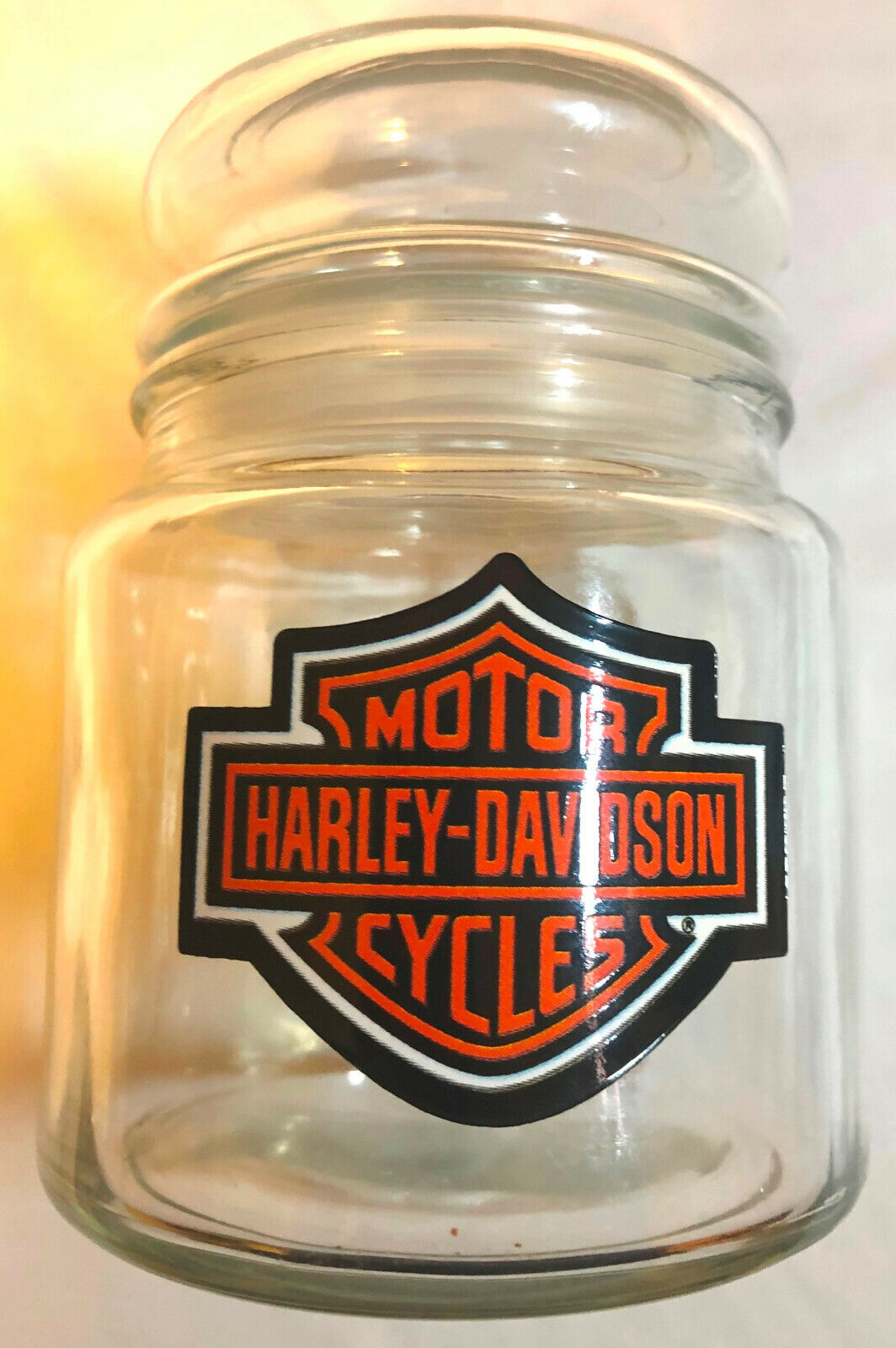 Harley Davidson Motorcycles Clear Glass Lidded jar, 5.5 inches tall with lid