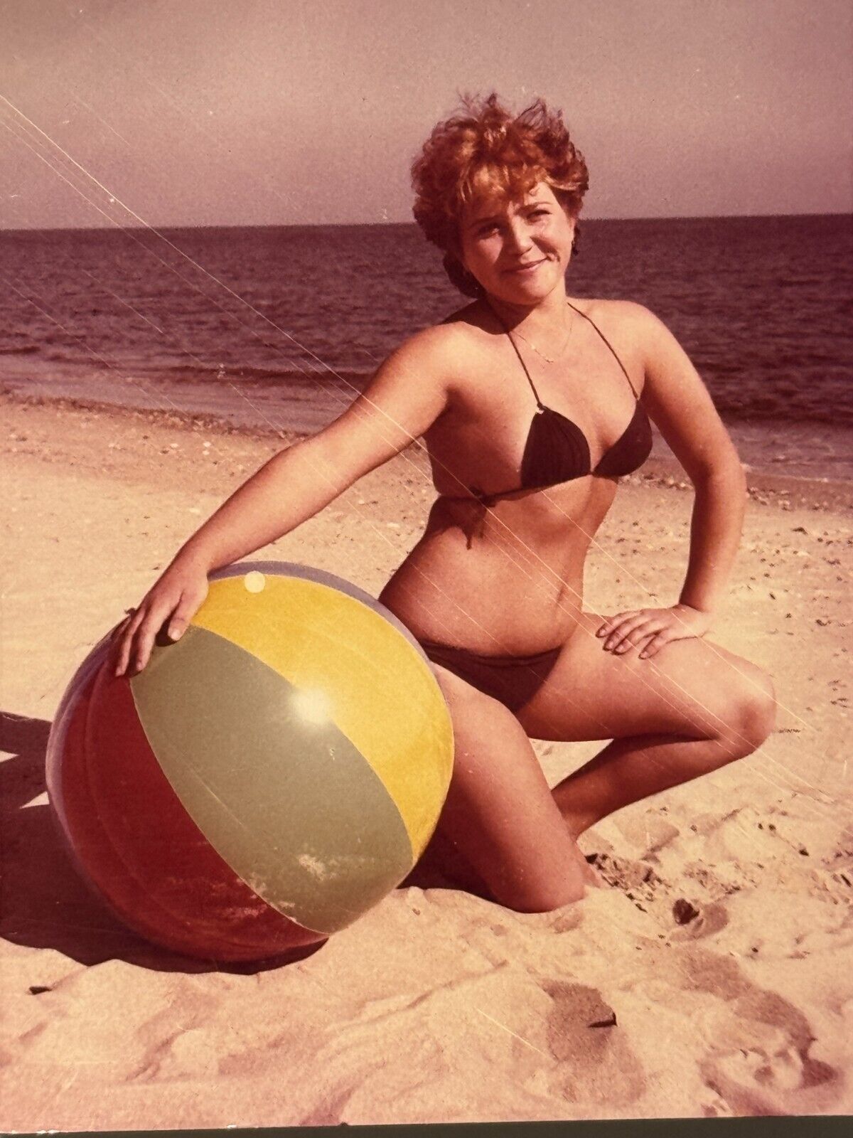 1980s Pretty Curvy Woman Bikini Beach Female Posing with Ball Vintage Photo