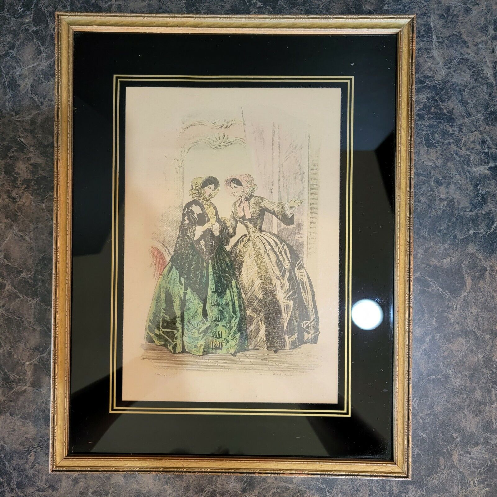 Antique hand colored print fashion women's 1850 - 1900 ladies edwardian framed