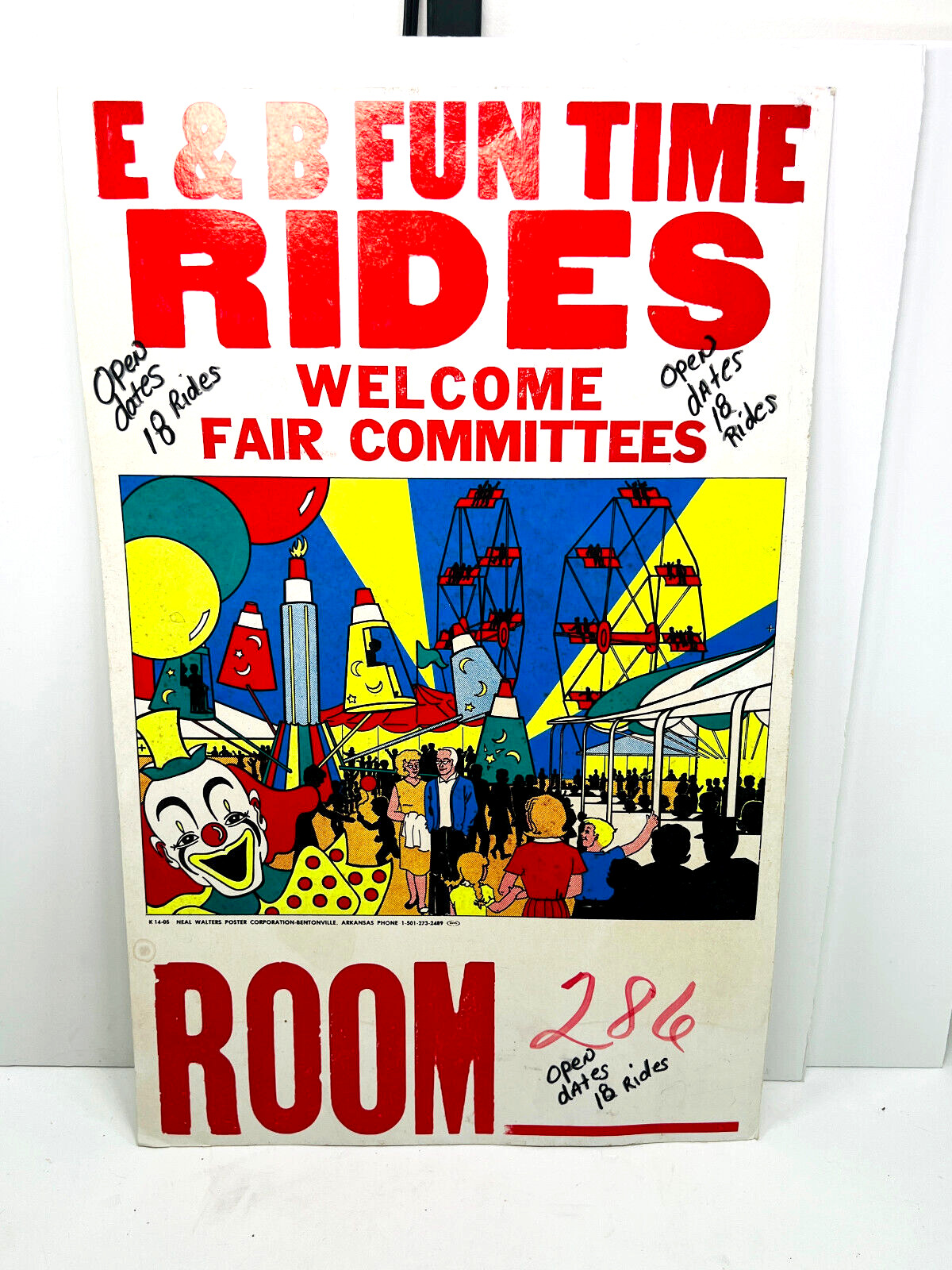 vtg 1980s 90sE&B Fun Time Rides Circus Carnival Poster Clown Wheel