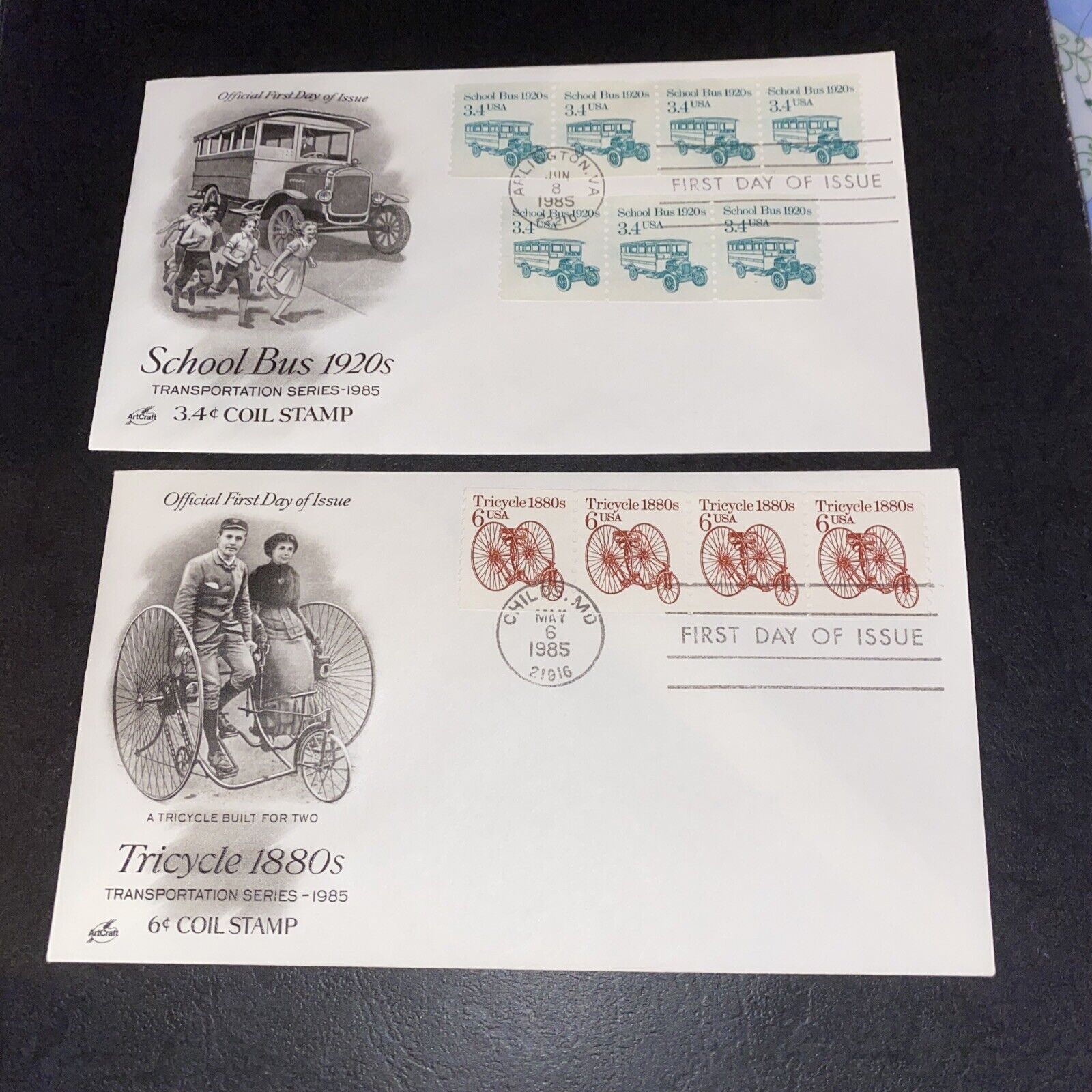 USA US 1985 FDC ART CRAFT TRANSPORTATION COIL SCHOOL BUS Tricycle Lot Of 2 Fdc