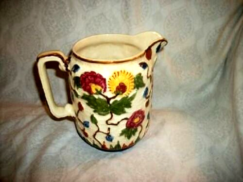 ANTIQUE ENGLISH STAFFORDSHIRE MAJOLICA PITCHER INDIAN TREE H J WOOD HP ENGLAND