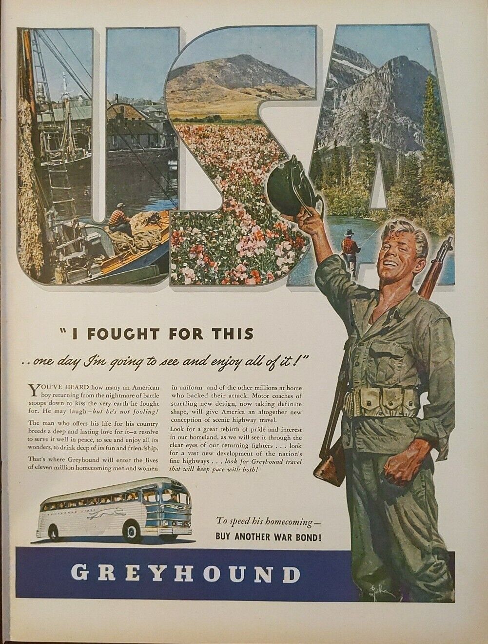 1944 Greyhound Print Ad WWll Era, I Fought For The USA Soldier 