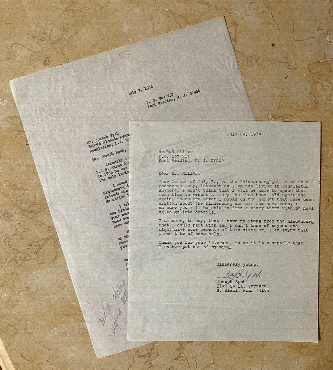SUSPECTED SABOTEUR OF THE HINDENBURG DISASTER JOSEPH SPAH AUTOGRAPHED TYPED LTR.