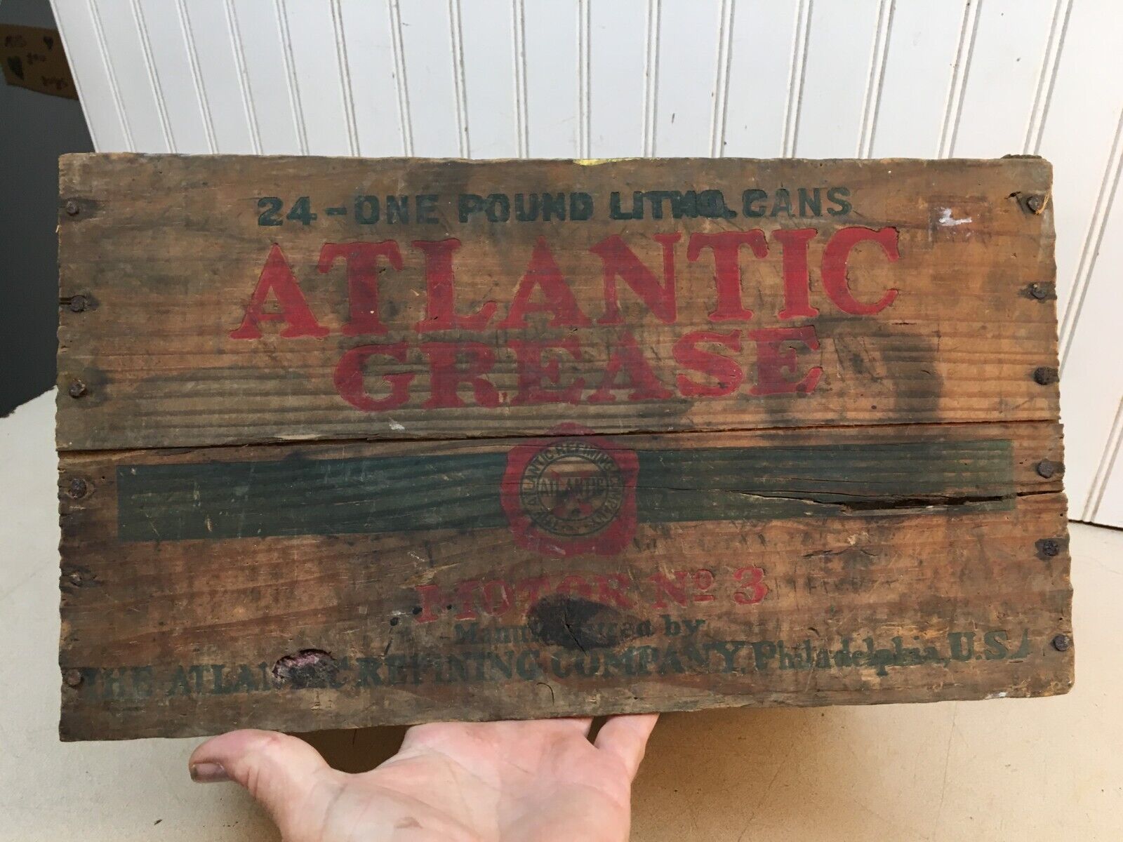 1930s Vintage Atlantic Refining Grease Wood Crate 24 One Pound Cans