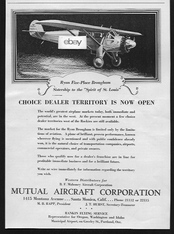B.F MAHONEY SPIRIT OF ST LOUIS RYAN BROUGHAM SOLD AT MUTUAL AIRCRAFT 1928 AD