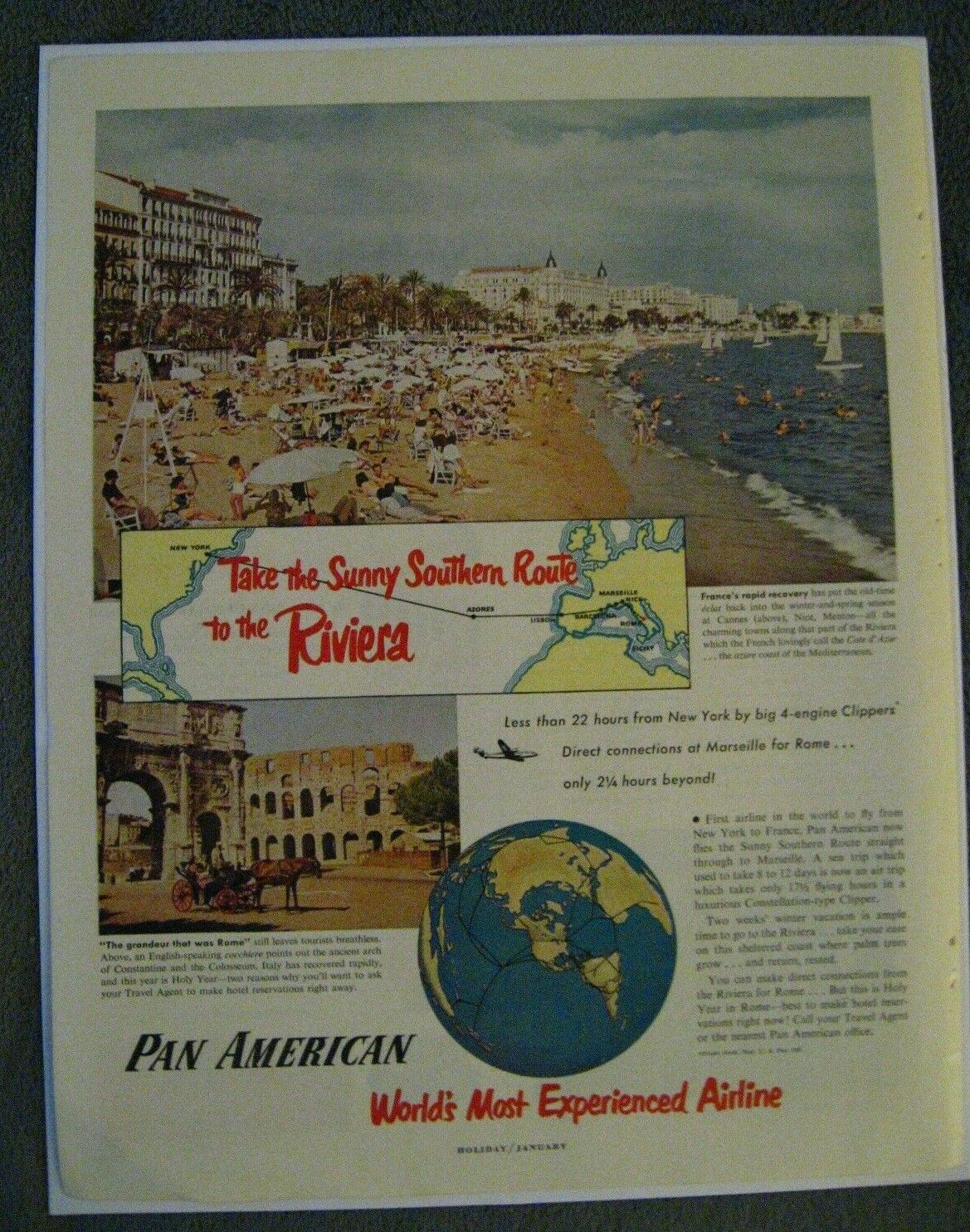 Pan Am American Airlines 1950 Advertisement - Vintage PAA Riviera World Airways 