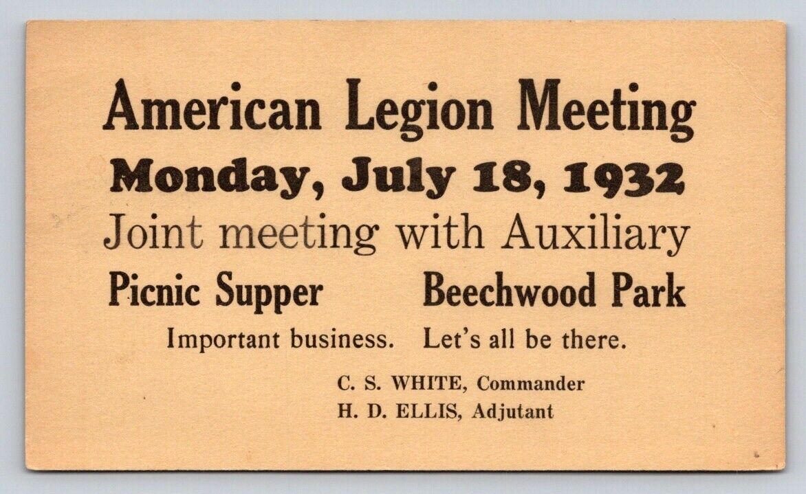 1932 American Legion Meeting Auxiliary Picnic Supper Beechwood Park Indiana P656