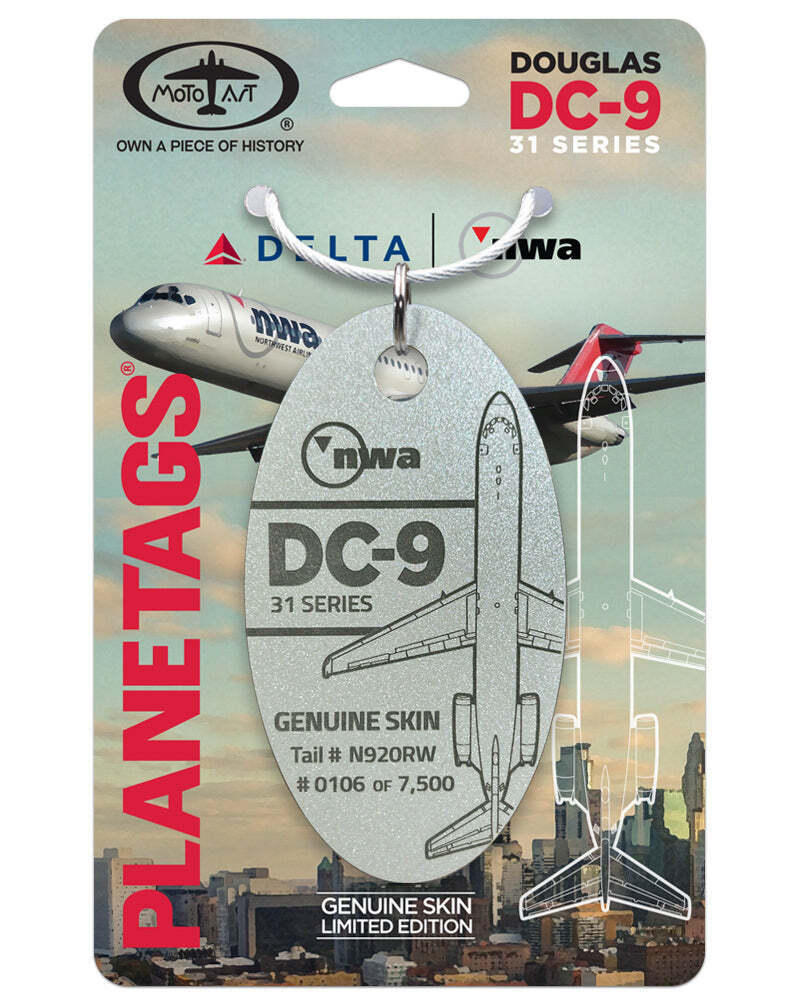 Northwest Airlines Douglas DC-9-30 Tail #N920RW Real Aluminum Plane Skin Bag Tag