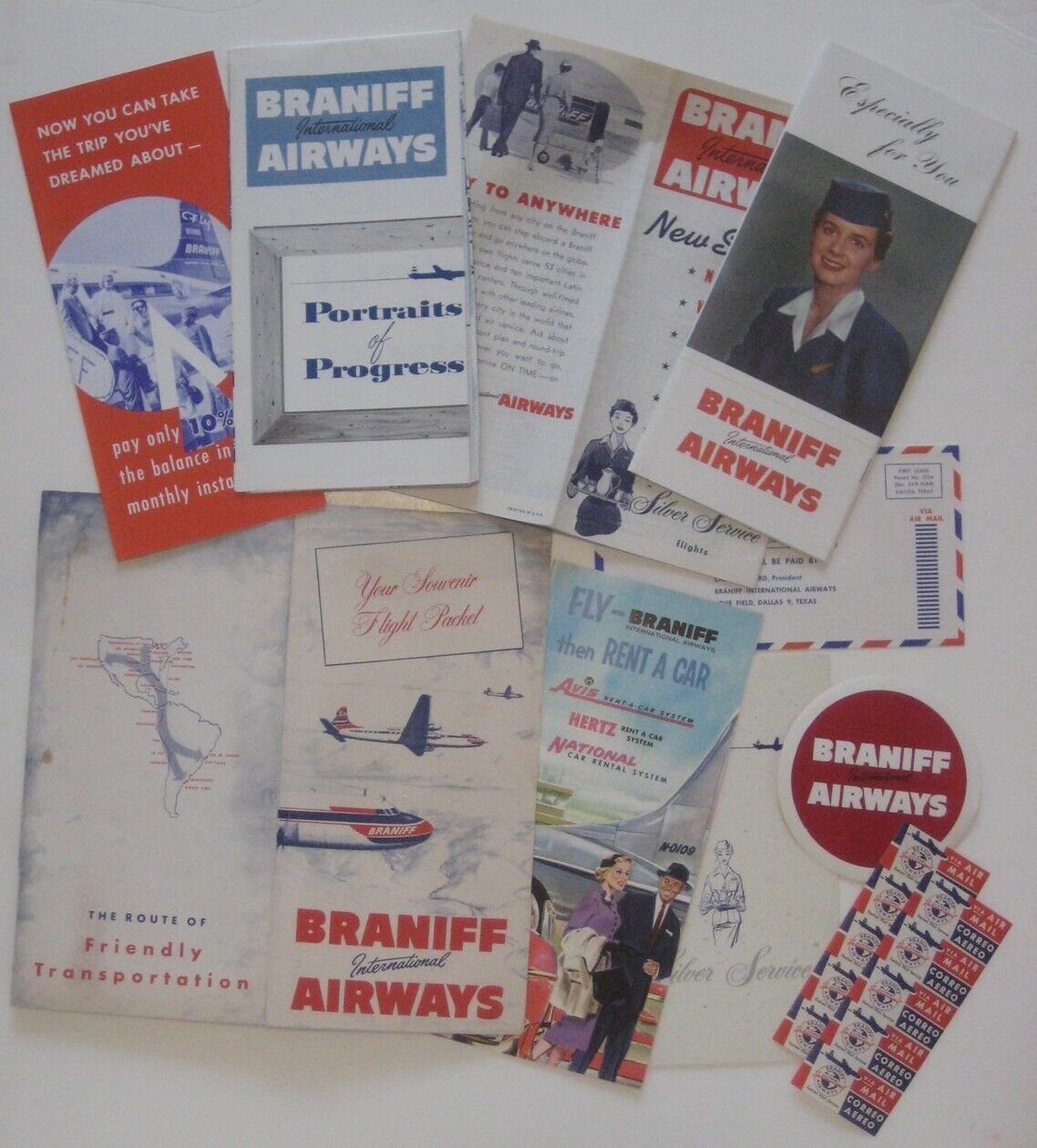 1956 BRANIFF AIRWAYS Souvenir Flight Packet Maps Labels Plane Photos Schedules