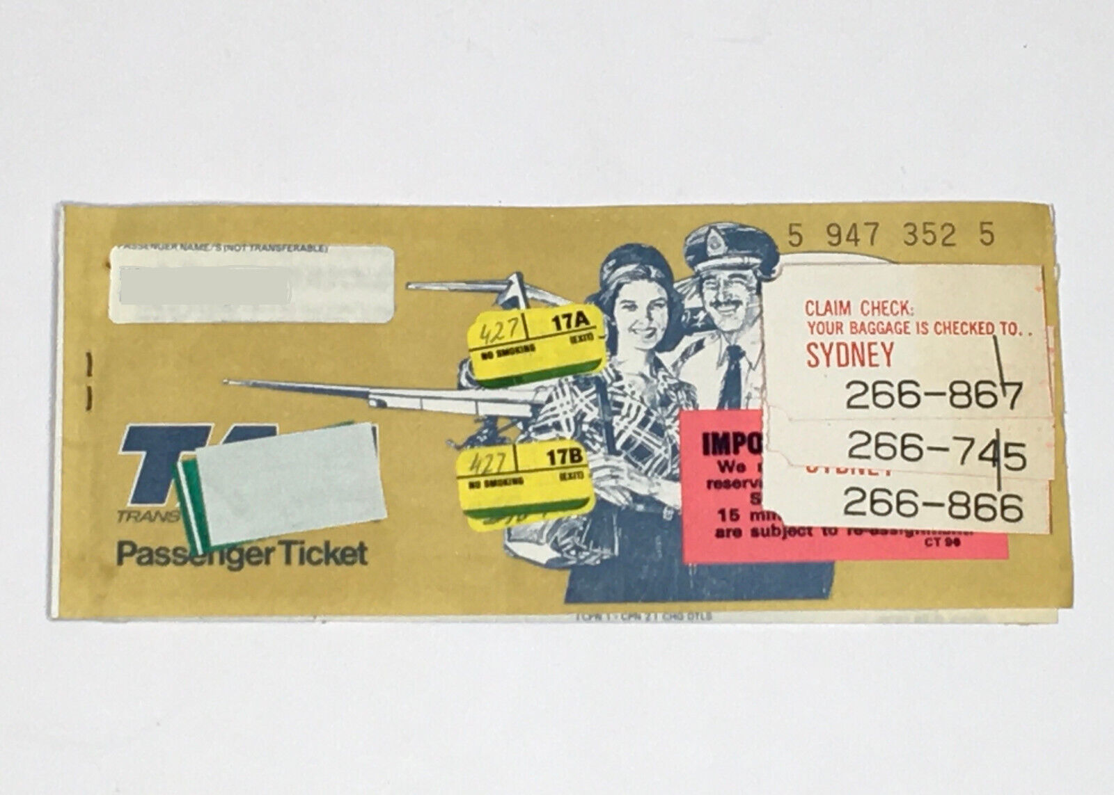 1982 VTG Used Trans-Australia Airlines Ticket Sydney