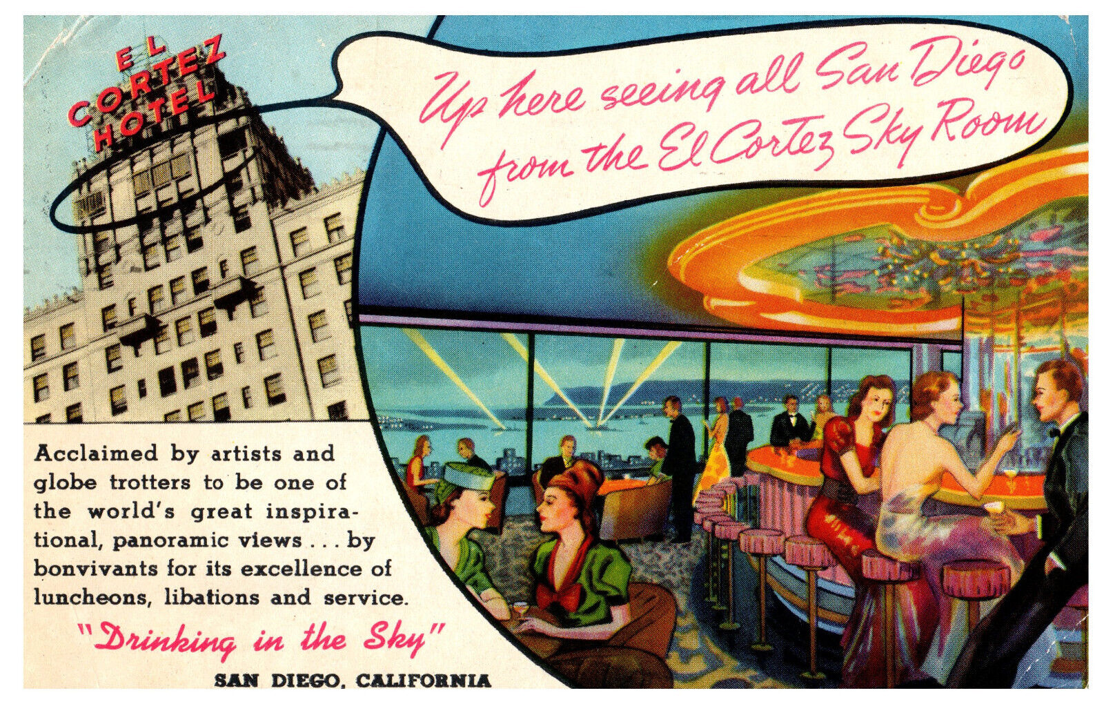 Vintage El Cortez Sky Room Hotel Advertising Interior Bar View San Diego CA 1947