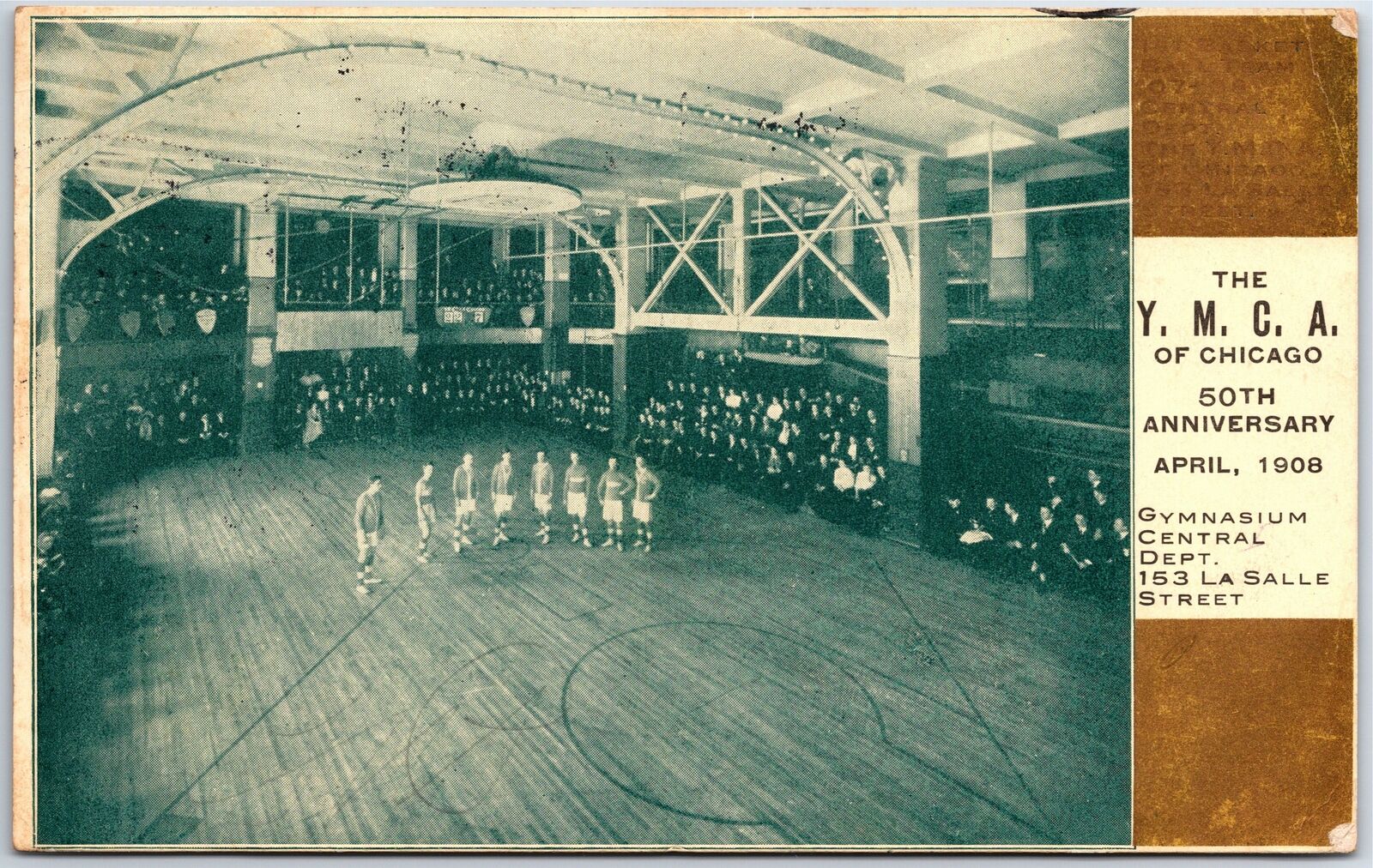 VINTAGE POSTCARD BASKETBALL COURT AT Y.M.C.A. OF CHICAGO 50th ANNIVERSARY 1908