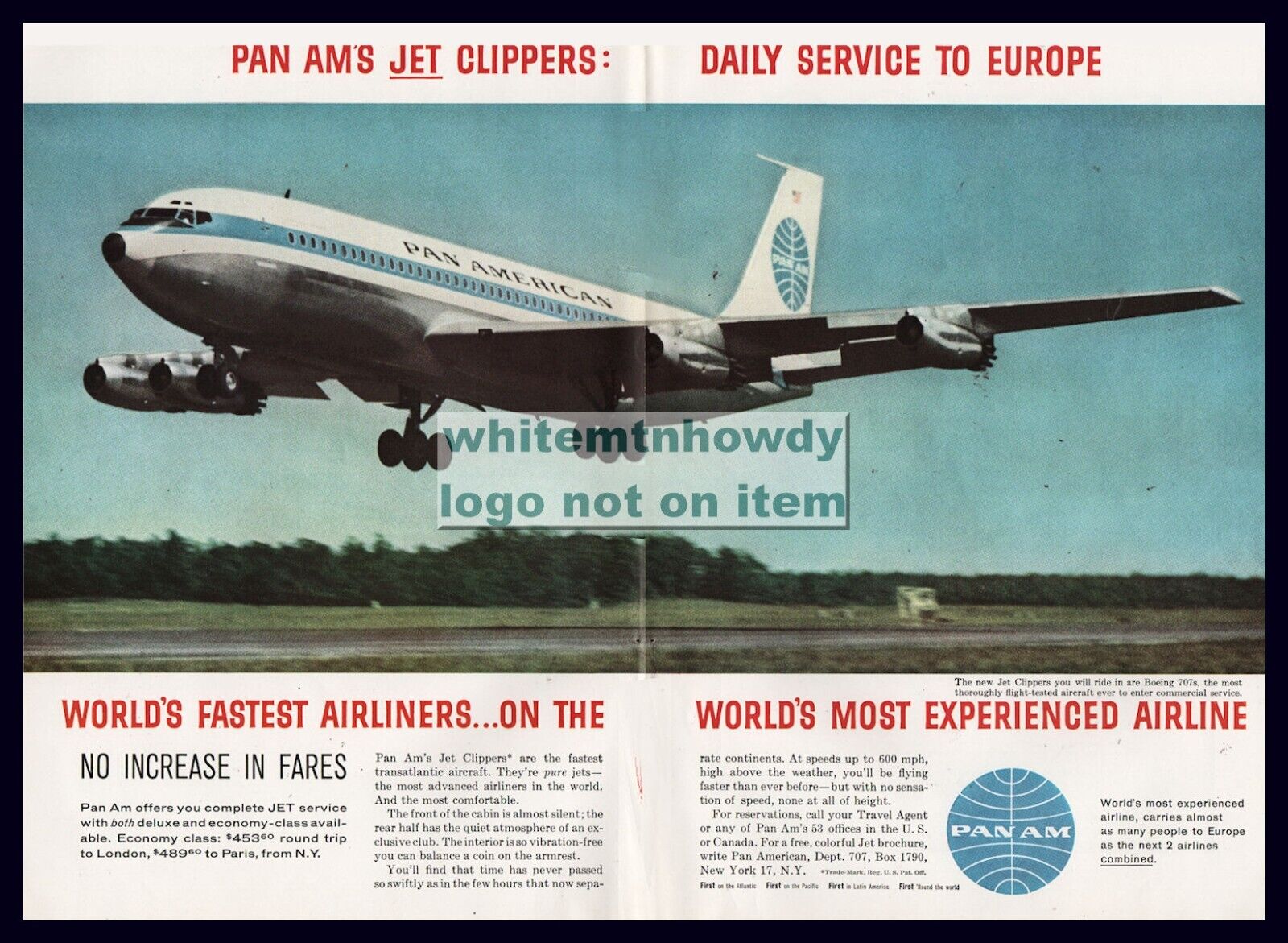 1959 PAN AM Pan American Boeing 707 Jet Clipper to Europe Photo AD Spread