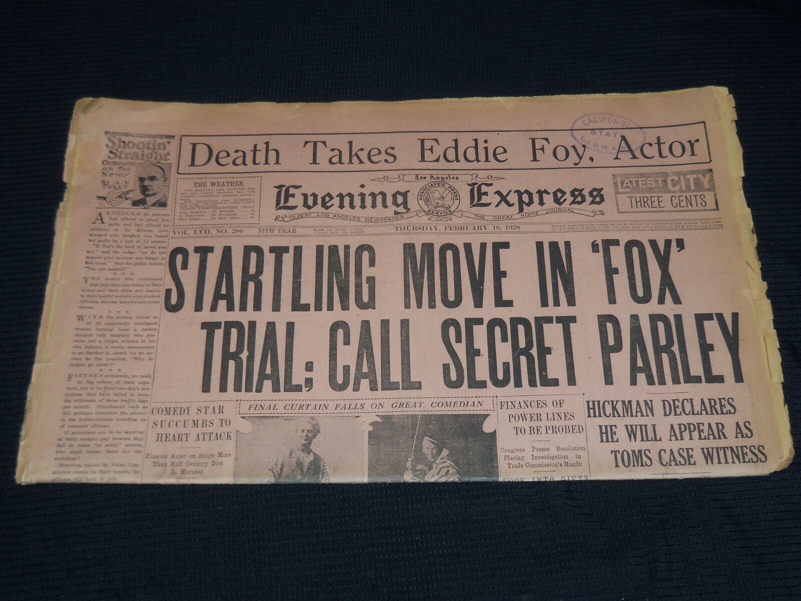 1928 FEBRUARY 16 LOS ANGELES EVENING EXPRESS NEWSPAPER EDDIE FOY DEAD - NP 748