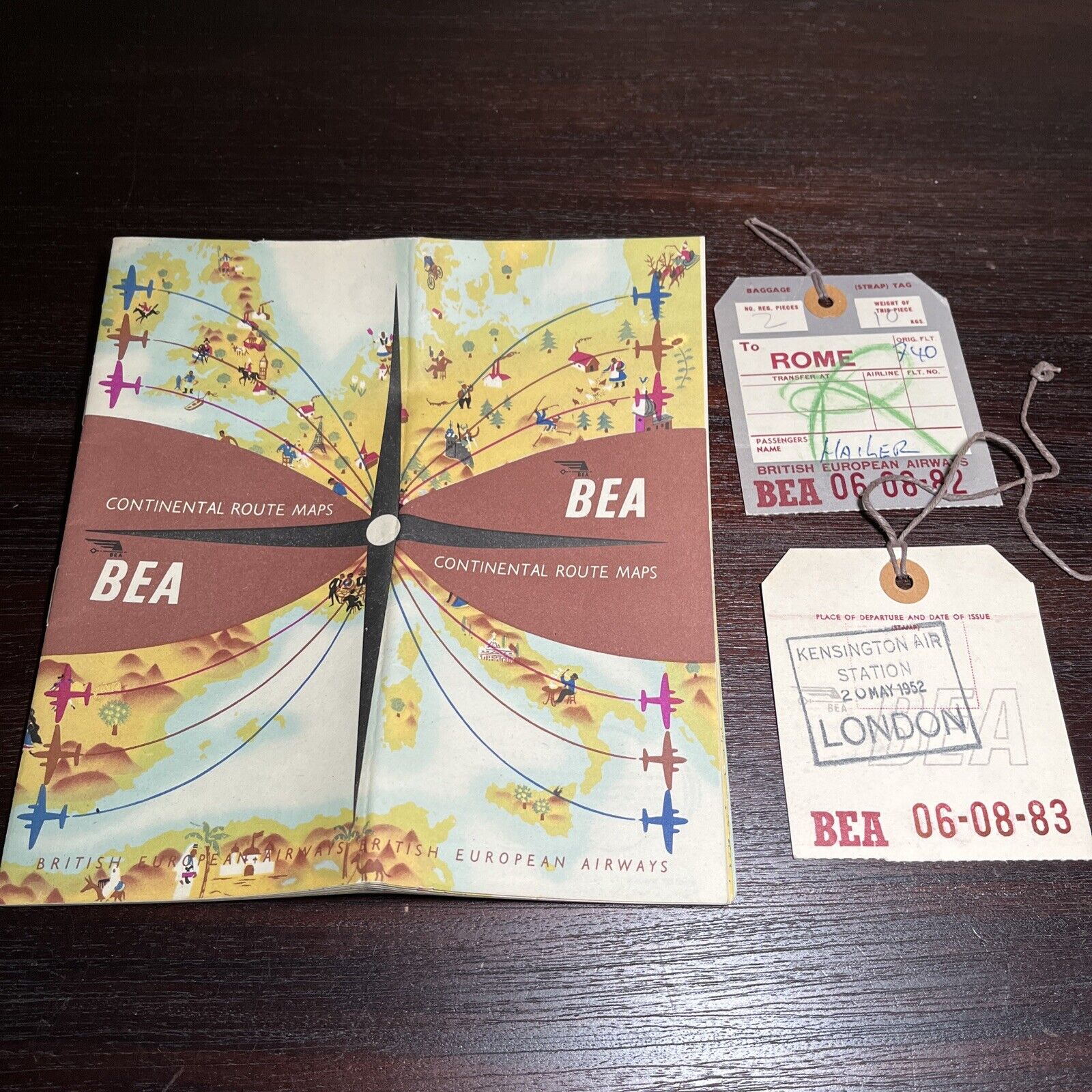 BEA CONTINENTAL ROUTE MAPS 1952 BRITISH EUROPEAN AIRWAYS, Luggage Tags- Rome